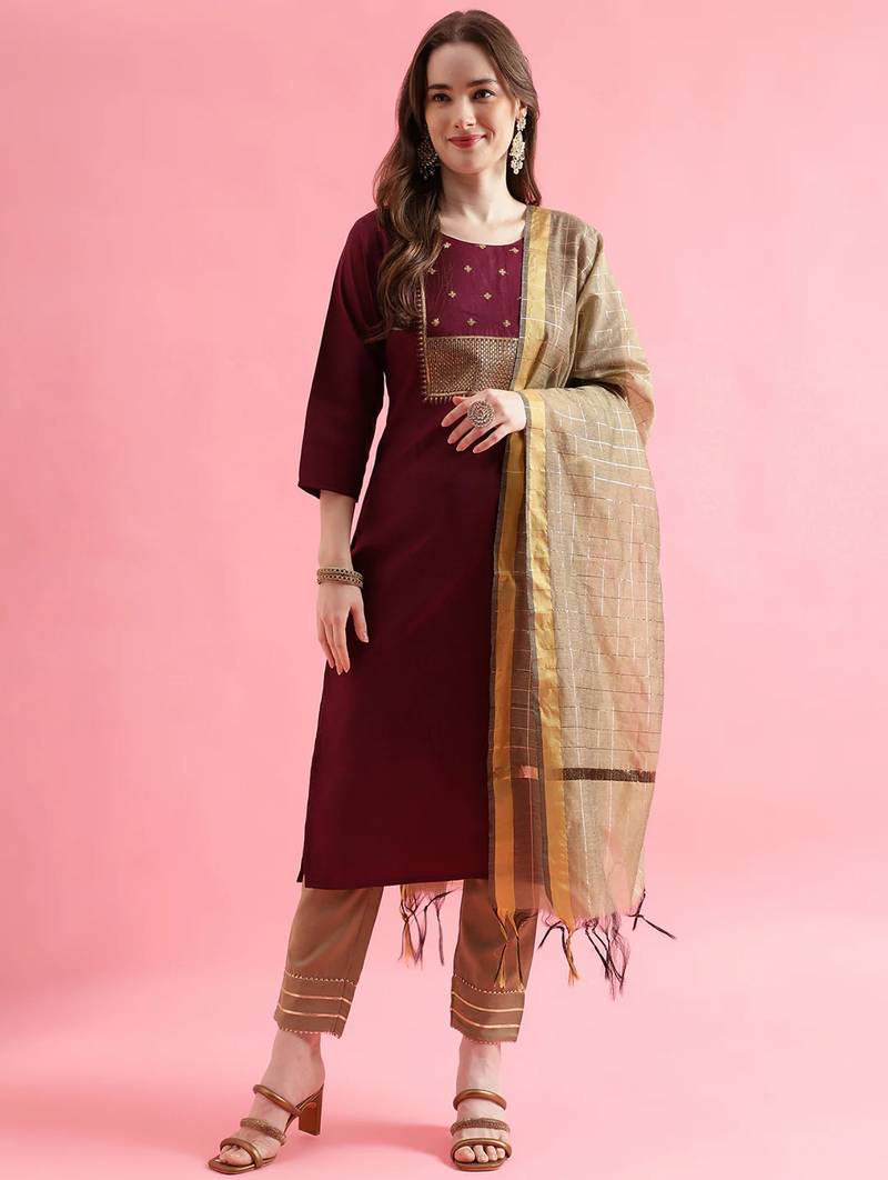 maroon fancy cotton kurta set