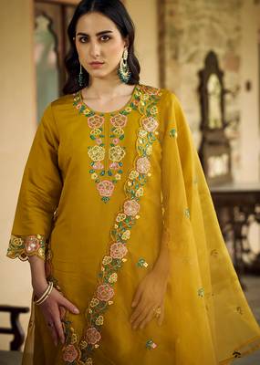 mustard fancy pure silk blend kurta set 4
