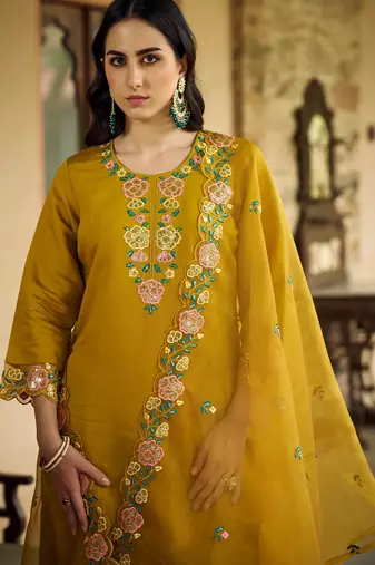 mustard fancy pure silk blend kurta set