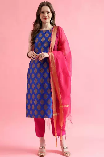blue fancy silk blend kurta set