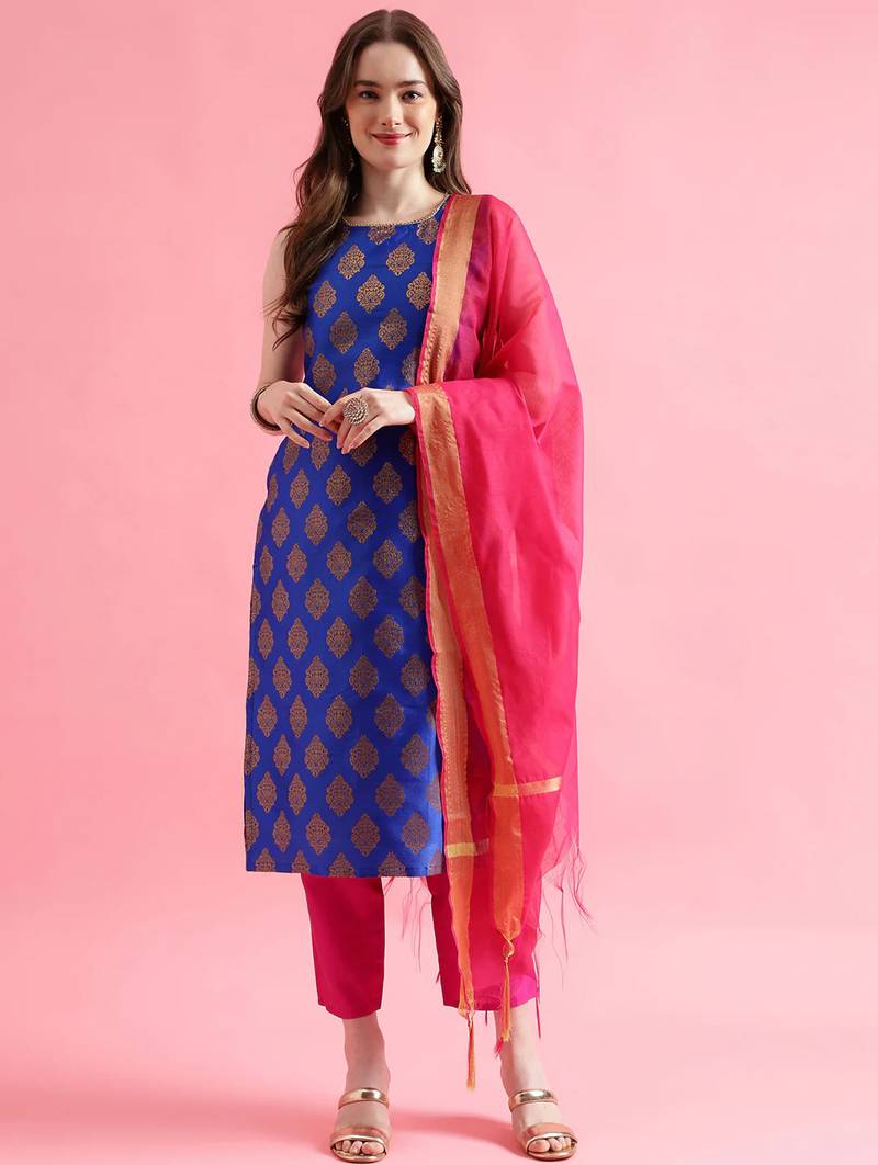 blue fancy silk blend kurta set