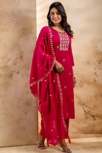 rani-pink fancy silk blend kurta set