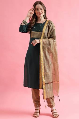 green fancy cotton kurta set