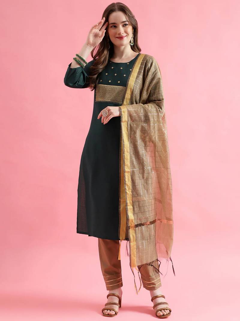 green fancy cotton kurta set