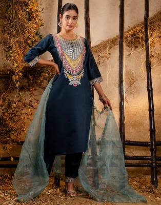 teal fancy viscose rayon kurta set 1