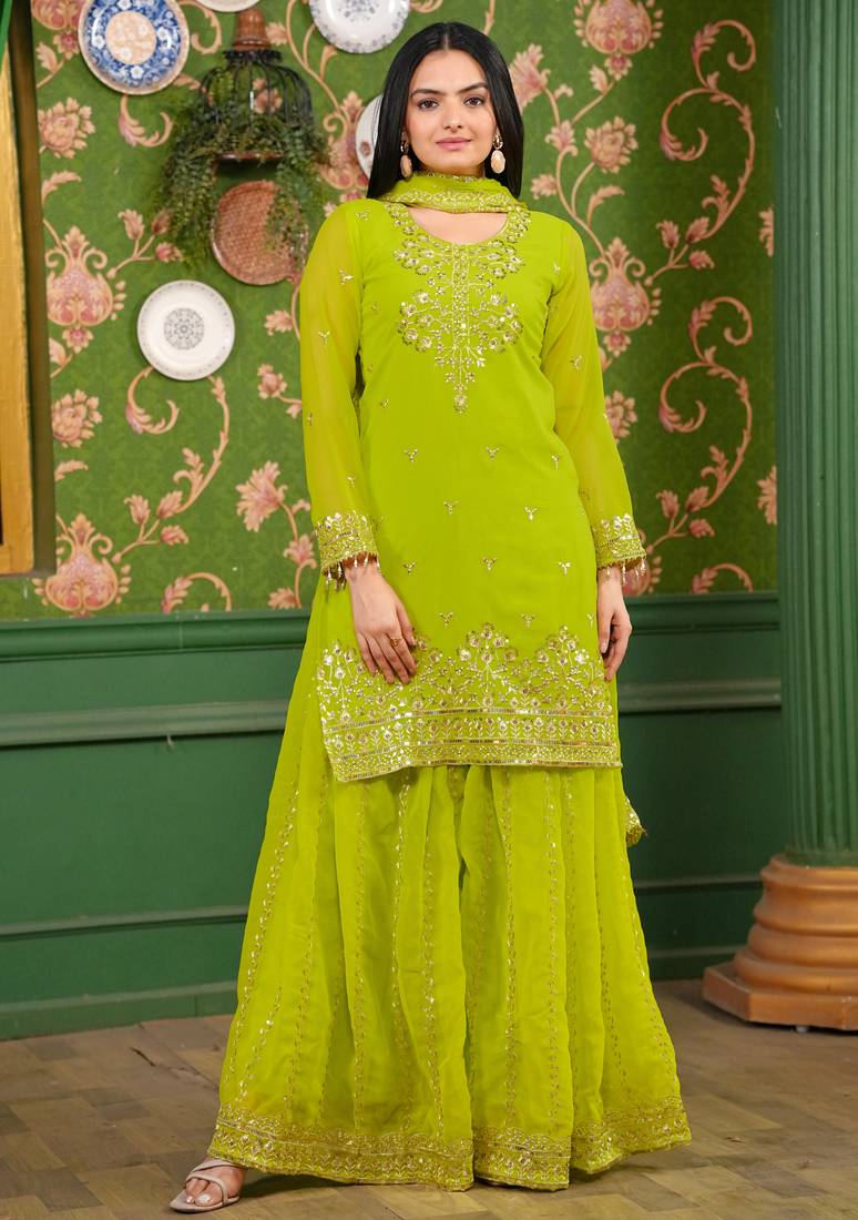 parrot-green fancy georgette kurta set