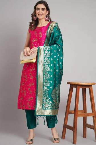 rani-pink fancy cotton silk kurta set