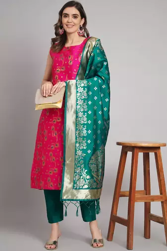 rani-pink fancy cotton silk kurta set