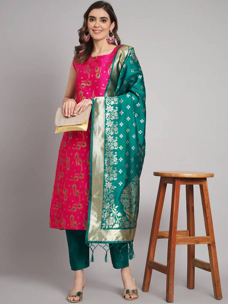 rani-pink fancy cotton silk kurta set