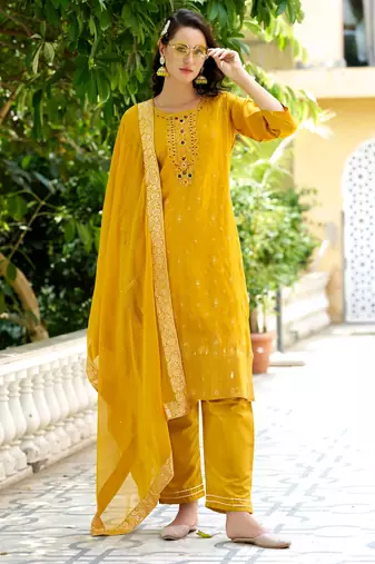 yellow fancy viscose rayon kurta set