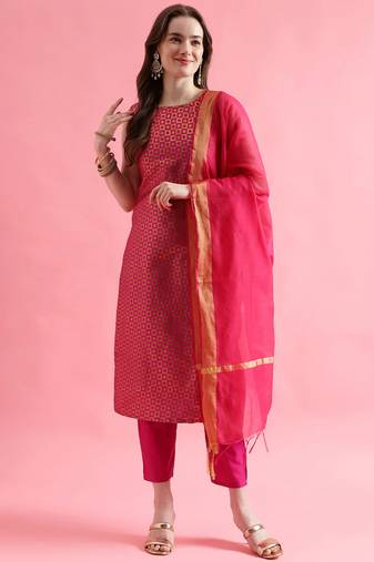 rani-pink fancy silk blend kurta set