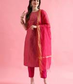 rani-pink fancy silk blend kurta set