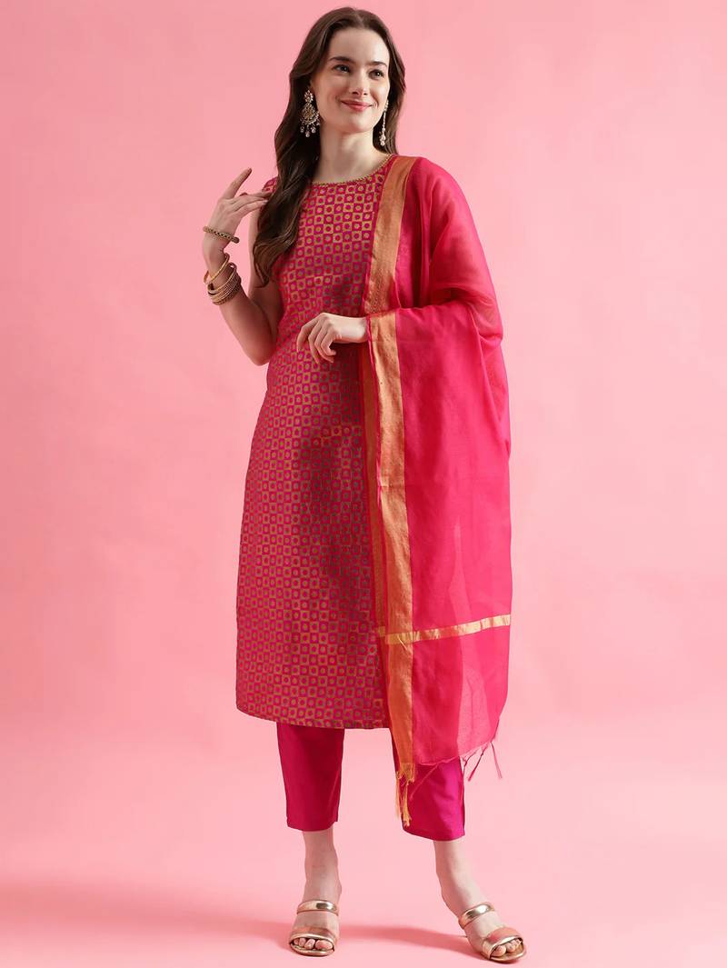 rani-pink fancy silk blend kurta set