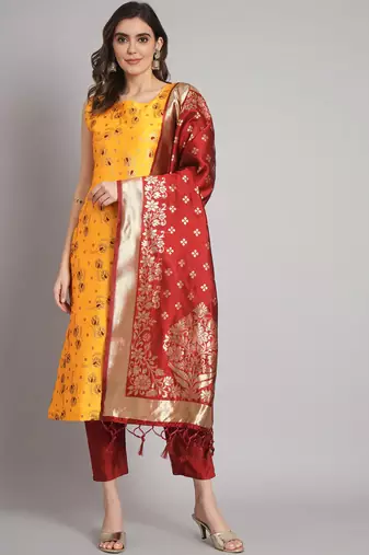 yellow fancy cotton silk kurta set