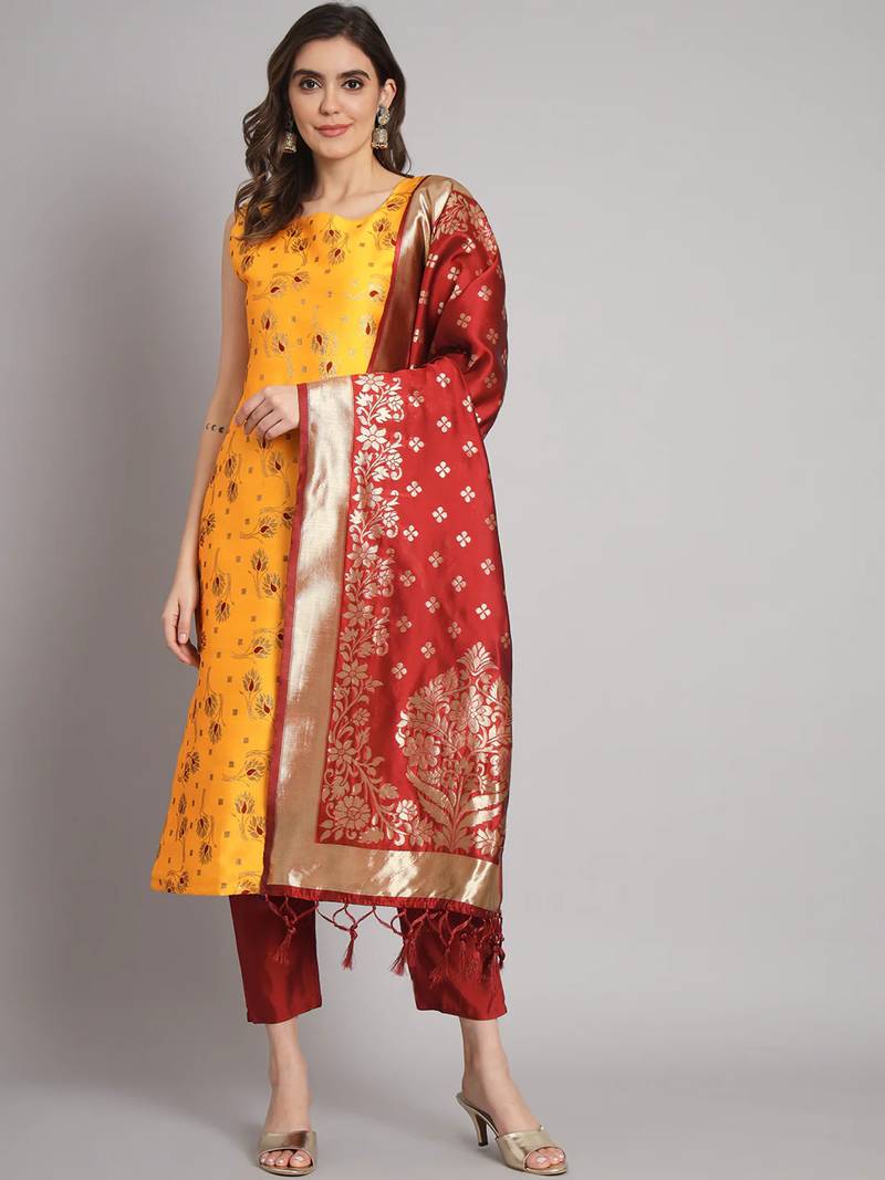 yellow fancy cotton silk kurta set