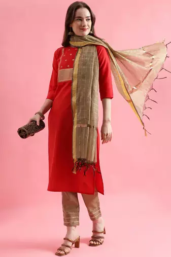 red fancy cotton kurta set