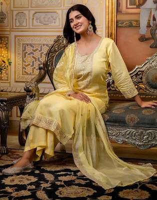 light-yellow fancy silk blend kurta set 4