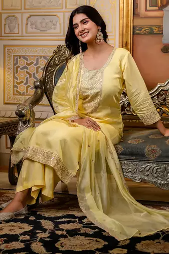 light-yellow fancy silk blend kurta set