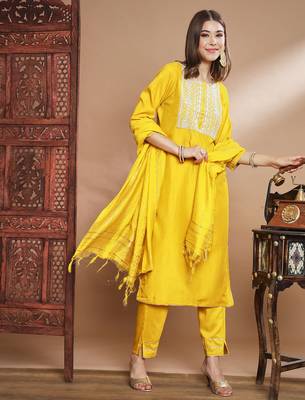mustard fancy cotton silk kurta set 3
