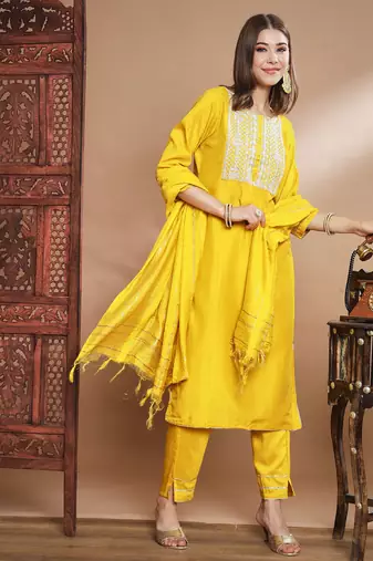 mustard fancy cotton silk kurta set