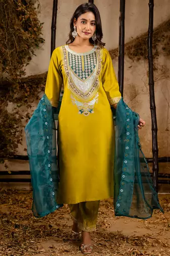 light-yellow fancy viscose rayon kurta set