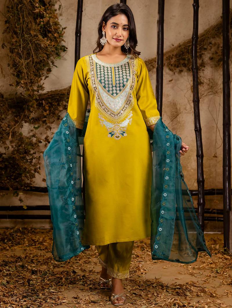light-yellow fancy viscose rayon kurta set