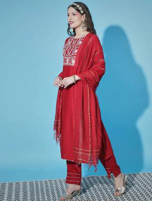 scarlet-red fancy cotton silk kurta set 2