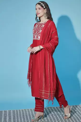 scarlet-red fancy cotton silk kurta set