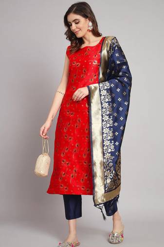 red fancy cotton silk kurta set