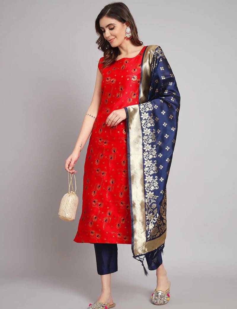 red fancy cotton silk kurta set