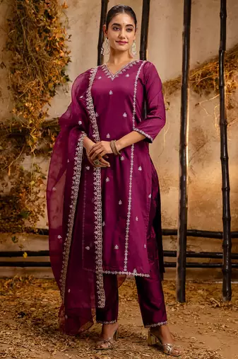 purple fancy silk blend kurta set