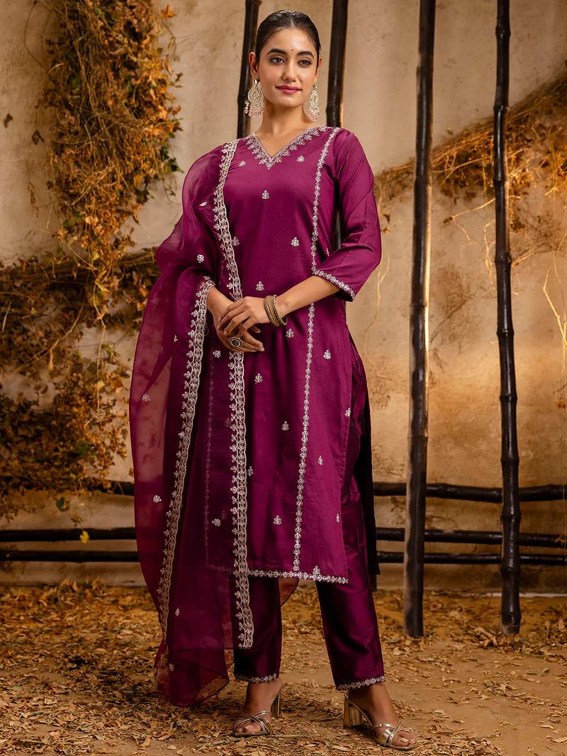 purple fancy silk blend kurta set