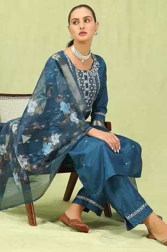 blue fancy silk blend kurta set