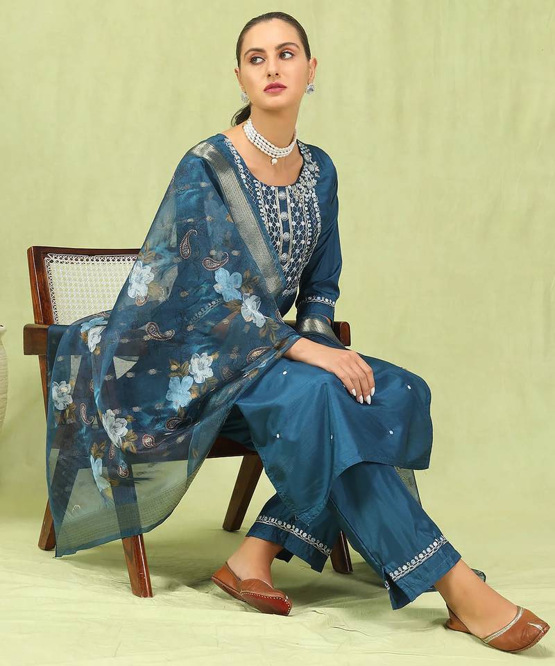 blue fancy silk blend kurta set
