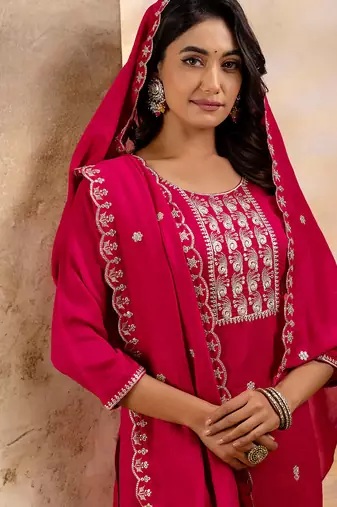 rani-pink fancy silk blend kurta set