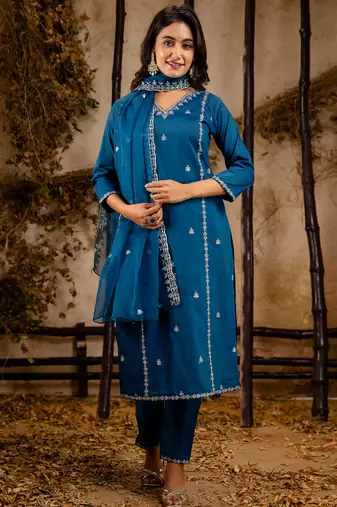 teal fancy silk blend kurta set