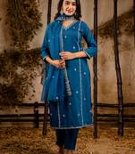 teal fancy silk blend kurta set