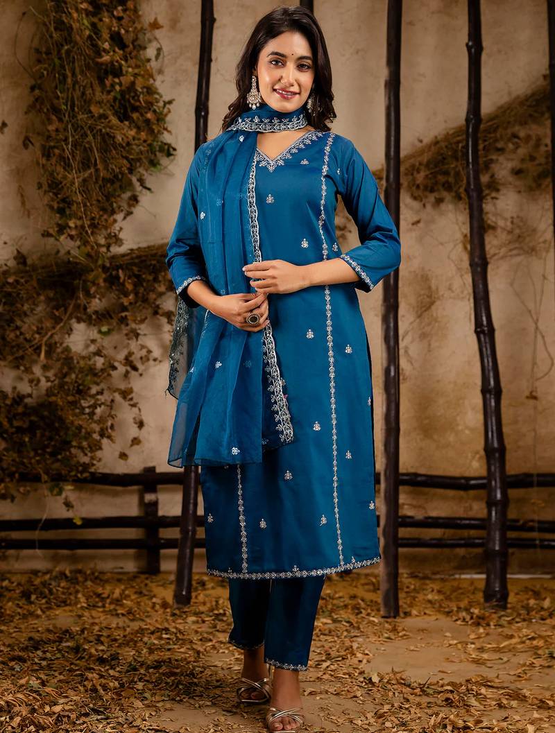 teal fancy silk blend kurta set