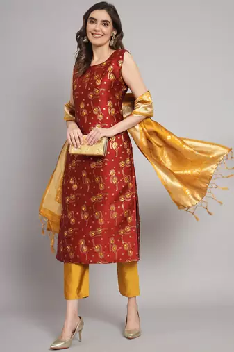 maroon fancy cotton silk kurta set