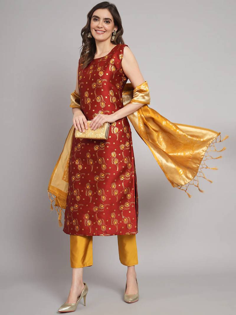 maroon fancy cotton silk kurta set