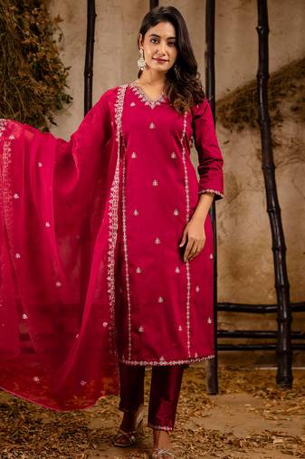 maroon fancy silk blend kurta set