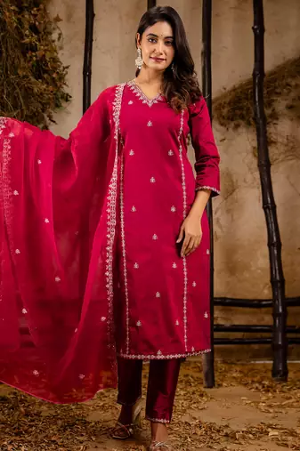 maroon fancy silk blend kurta set