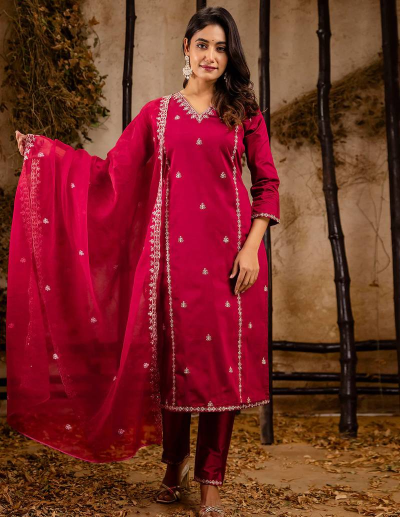maroon fancy silk blend kurta set