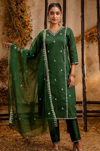 green fancy silk blend kurta set