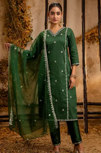 green fancy silk blend kurta set
