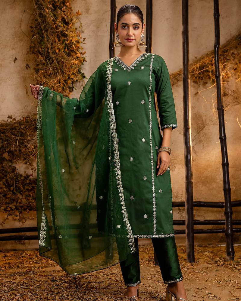 green fancy silk blend kurta set