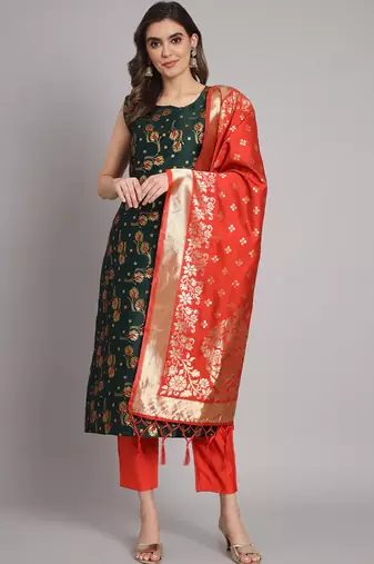 green fancy cotton silk kurta set