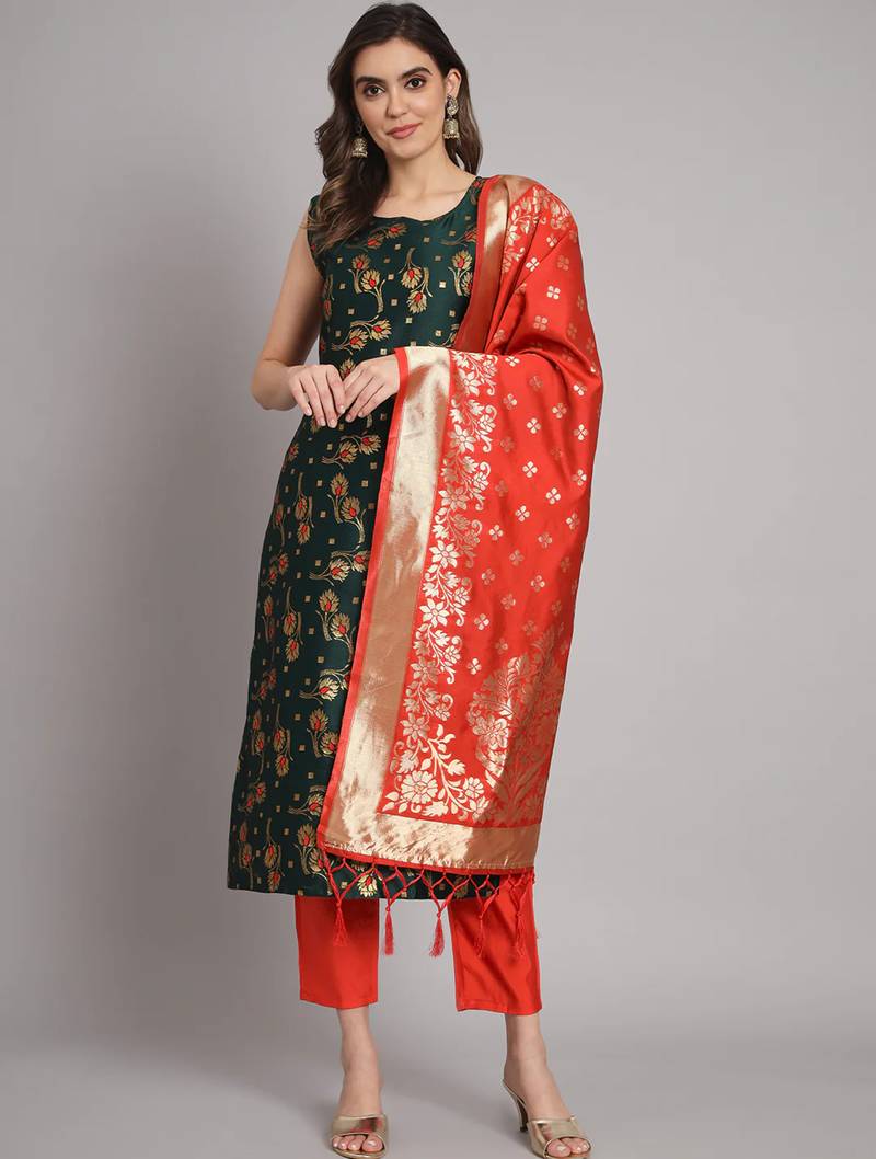 green fancy cotton silk kurta set