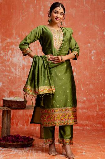 mehendi fancy cotton silk kurta set