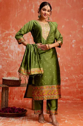 mehendi fancy cotton silk kurta set